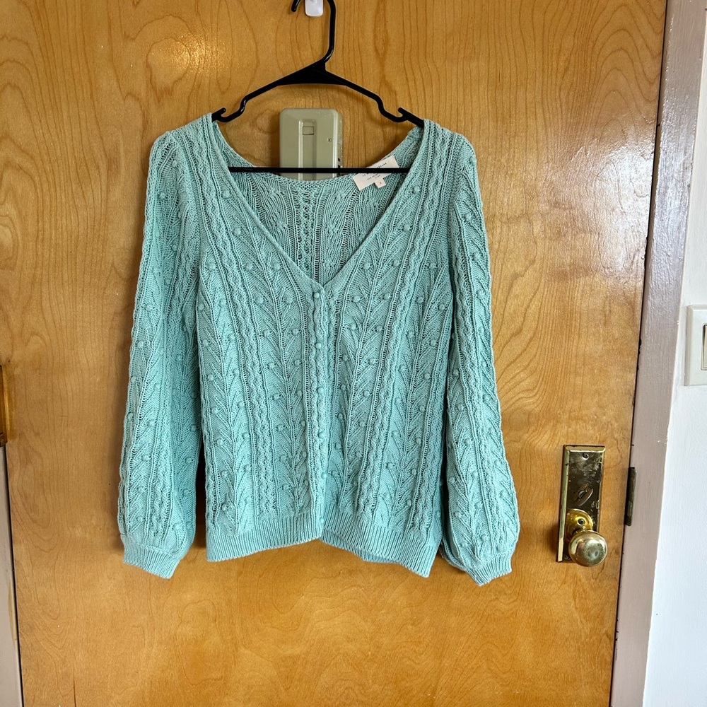 Sezane Green V-Neck Sweater with Cable Knit
